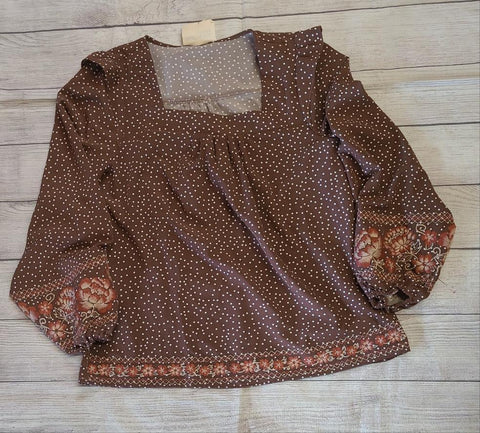 Brown Polka Dot With Embroidered Flower Top