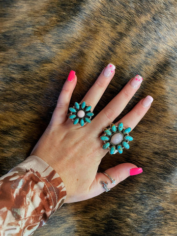 Pink Opal & Kingman Turquoise Adjustable Flower Ring