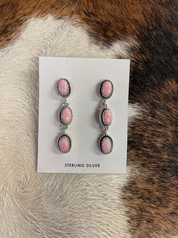 Pink Opal 3 Stone Dangle Earrings