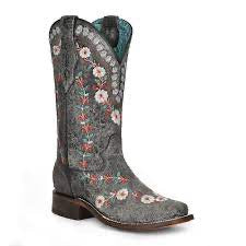 Corral Women’s Distressed Black Floral Embroidered Boot-Glow in Dark
