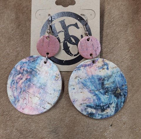 Pink & Multicolor Blue Marble Print Stacked Circular Dangle Leather Earrings