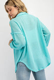 Waffle Placket Button Down Knit Top - Bright Blue