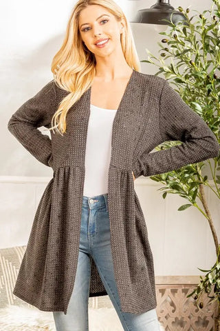 Charcoal Waffle Foil Open Cardigan With Ruffled Bottom