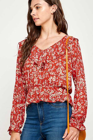 Floral Print Detail Back Ruffle Top
