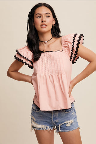 Flutter Ruffle Top with Contrast Stitch-Peach Blush