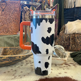 Black Cowprint with Orange Handle 40oz Tumbler