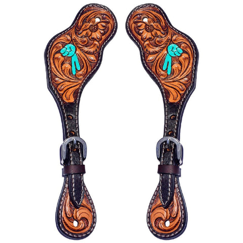 Floral Hand Carved Horse Western Leather Spur Strap Black
