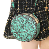 American Darling Hair-on Round Hand Tooled Bag-Turquoise