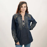 American Darling Women Hand Tooled Leather & Concho Denim Tunic