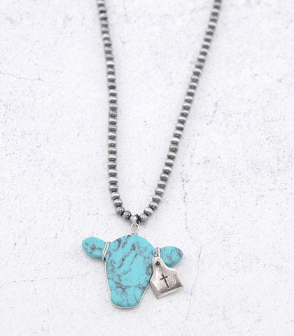 Turquoise Semi Stne Cow Pendant Necklace