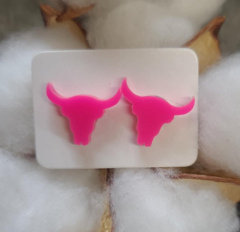 Pink Steer Head Petite Acrylic Earrings