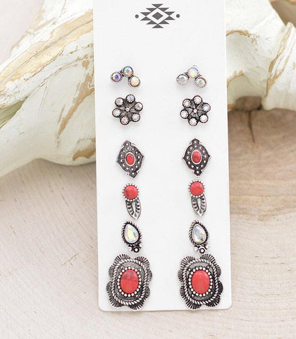 Red Concho Earrings Set of 6