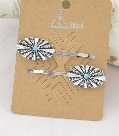 Silver Oval & Turquoise Hair Pin Set