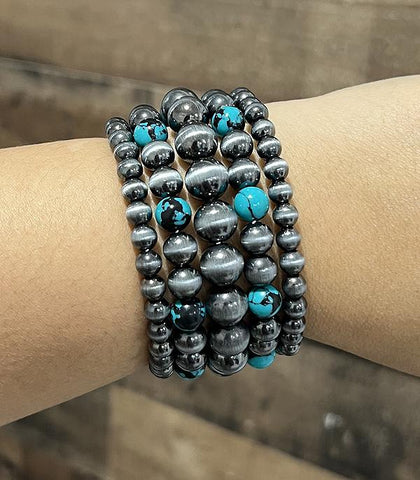 Faux Navajo Pearl Stretch Bracelet with Black and Turquoise Beads