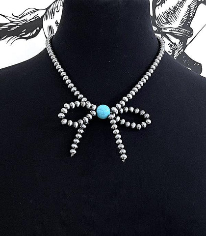 Faux Navajo Pearl Bead Bow Necklace-Turquoise