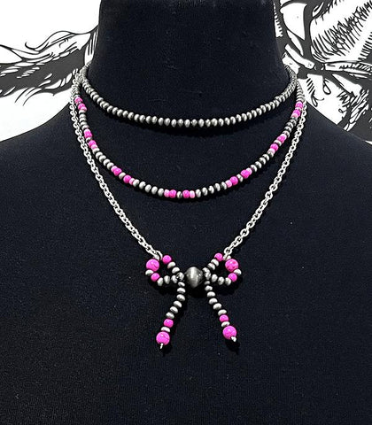 Faux Navajo Pearl Bead Layered Bow Necklace-Pink
