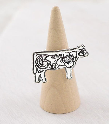 Cow Floral Tooled Look Ring