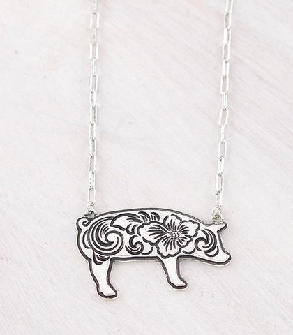 Pig Floral Tooled Look Necklace