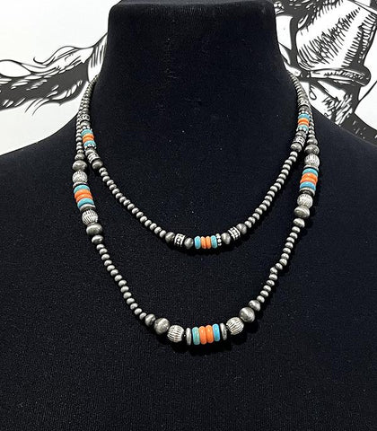 Navajo Pearl Bead Layered Necklace-Orange