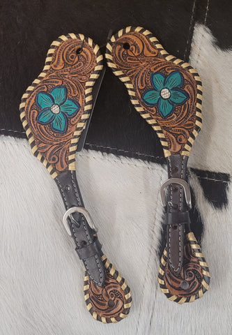 Buckstich Turquoise Bloom Hand Tooled Horse Western Leather Spur Strap