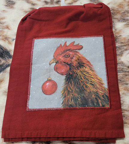 Dish Towel-Rooster With Red Christmas Ball