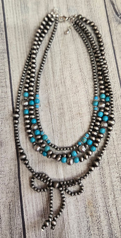 Faux Navajo Pearl Bead Layered Bow Necklace-Turquoise