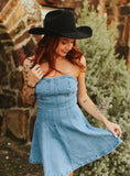 Mid Wash Stretch Denim Corset Strapless Flutter Dress
