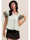 Flutter Ruffle Top with Contrast Stitch-Aqua Mint