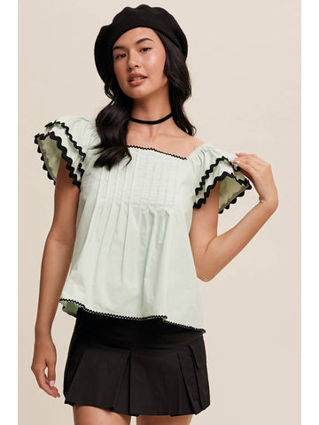 Flutter Ruffle Top with Contrast Stitch-Aqua Mint