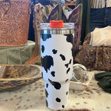 Black Cowprint with Orange Handle 40oz Tumbler