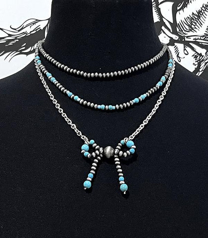 Faux Navajo Pearl Bead Layered Bow Necklace-Turquoise
