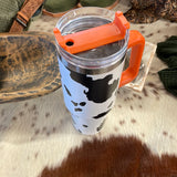 Black Cowprint with Orange Handle 40oz Tumbler