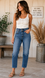 Risen Tummy Control High Rise Wide Leg Jean with Bow waistband