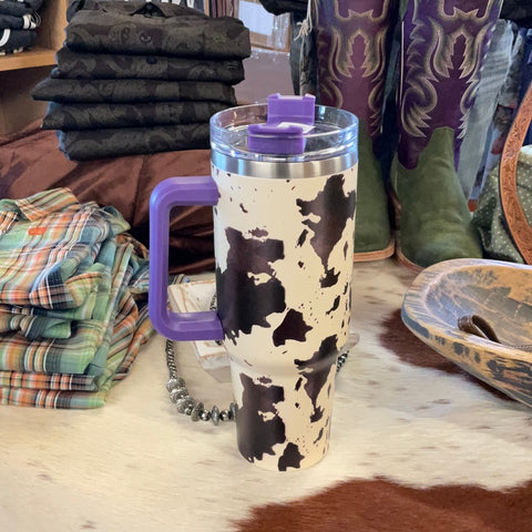 Brown Cow Print With Purple Handle 40oz Tumbler – Horse Creek Outfitters