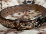 Natural Brown Leather Name Belt Tooled Flower Belt