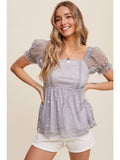 Polka Dot Mesh Puff Sleeve Baby Doll Blouse-Dusty Blue