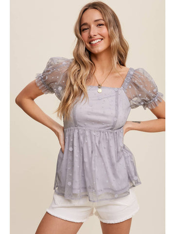 Polka Dot Mesh Puff Sleeve Baby Doll Blouse-Dusty Blue
