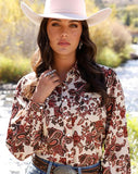 Cruel Western Pearl Snap Women's Long Sleeve Khaki Woven Top
