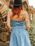 Mid Wash Stretch Denim Corset Strapless Flutter Dress