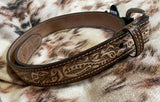 Natural Brown Leather Name Belt Tooled Flower Belt