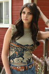 Cruel Rib Knit Ruffle Sleeve Tank with Western Print