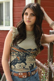 Cruel Rib Knit Ruffle Sleeve Tank with Western Print