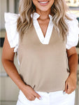 Contrast V Neck Ruffled Textured Knit Top