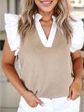 Contrast V Neck Ruffled Textured Knit Top