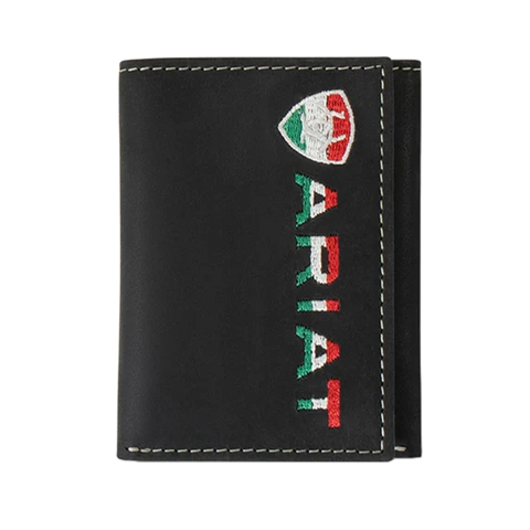 Ariat Mexican Flag Embroidered Black Trifold Wallet