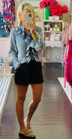 Denim Ruffled Button Down Long Sleeve Top