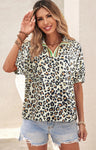 Leopard Color Block Half Sleeve Loose Fit Blouse