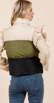 Color Block Ruffle Trim Puffer Vest-Olive Multi