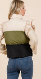 Color Block Ruffle Trim Puffer Vest-Olive Multi