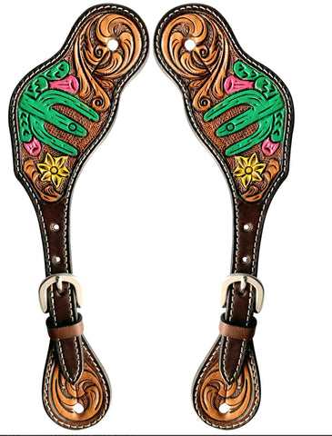 Cacti Cactus Daffodil Hand Painted Horse Western Leather Spur Strap Dark Brown